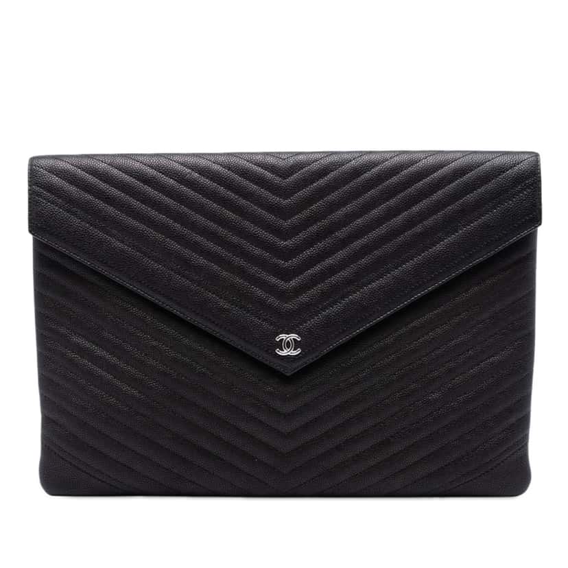 Chanel Large Chevron Caviar Statement Envelope Clutch Black Leather Very good condition - Front View
