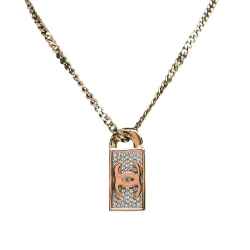 Chanel CC Brass and Strass Dog Tag Pendant Necklace Gold Metal Very good condition - Front View
