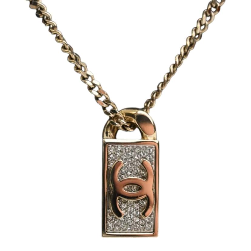 Chanel CC Brass and Strass Dog Tag Pendant Necklace Gold Metal Very good condition - Back View