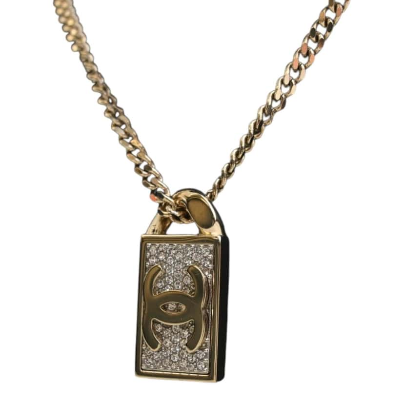 Chanel CC Brass and Strass Dog Tag Pendant Necklace Gold Metal Very good condition - Inside View