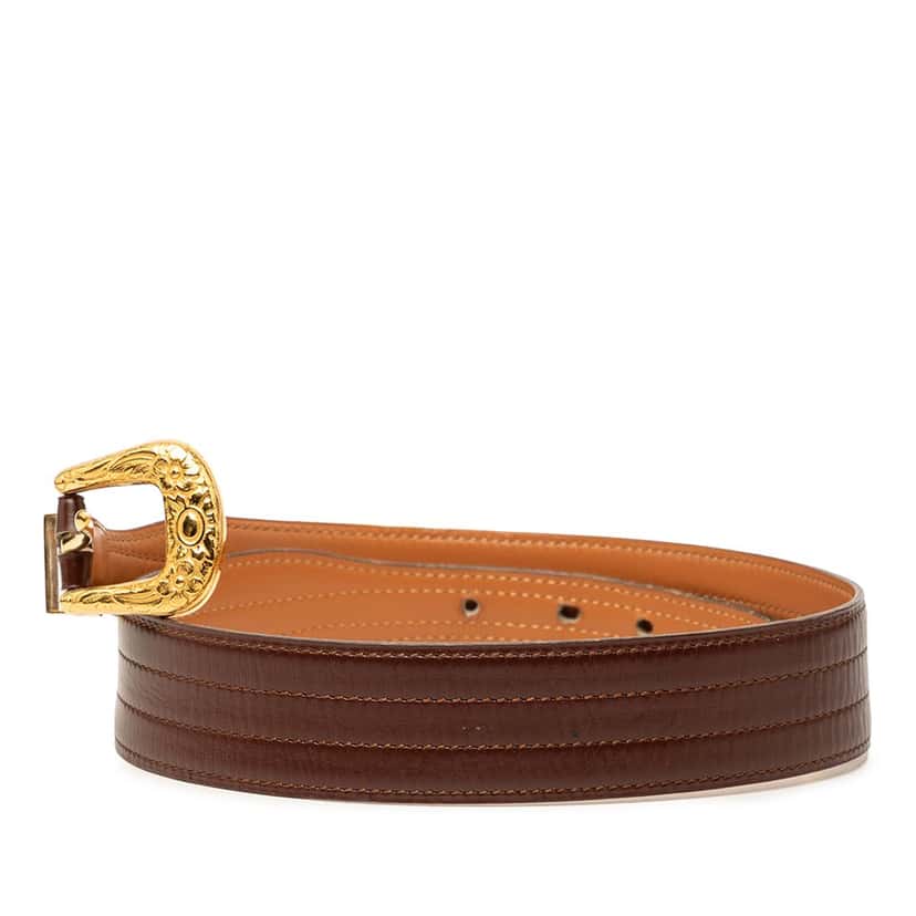 Hermès Leather Floral Tooled Buckle Belt Brown Leather Very good condition - Back View