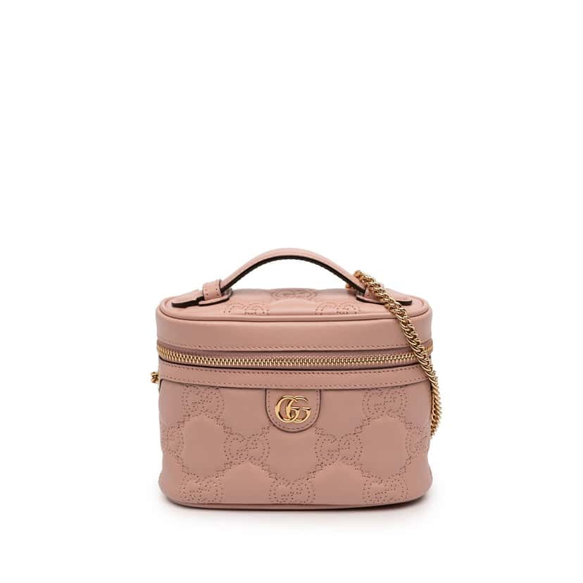 Gucci Mini GG Marmont Matelasse Calfskin Top Handle Vanity Chain Bag Pink Leather Very good condition - Front View