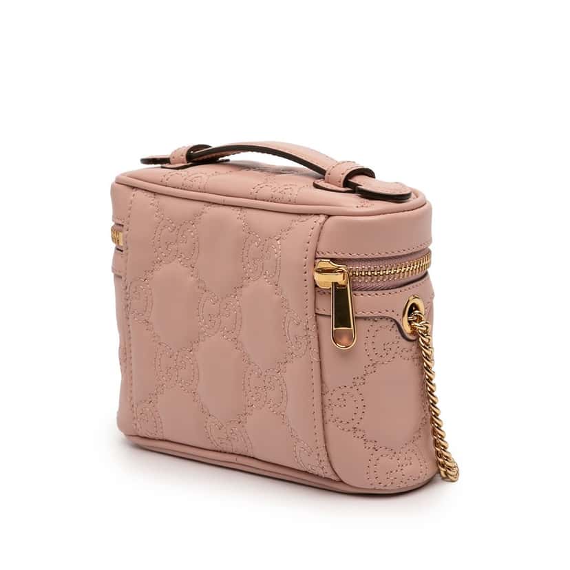 Gucci Mini GG Marmont Matelasse Calfskin Top Handle Vanity Chain Bag Pink Leather Very good condition - Back View