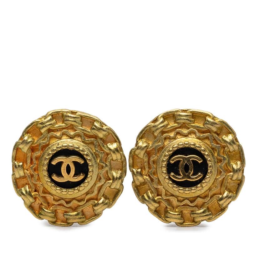 Chanel CC Gold Plated Resin Chain Round Clip On Earrings Gold Metal Very good condition - Front View