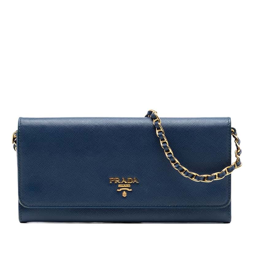 Prada Saffiano Wallet On Chain Blue Leather Very good condition - Front View