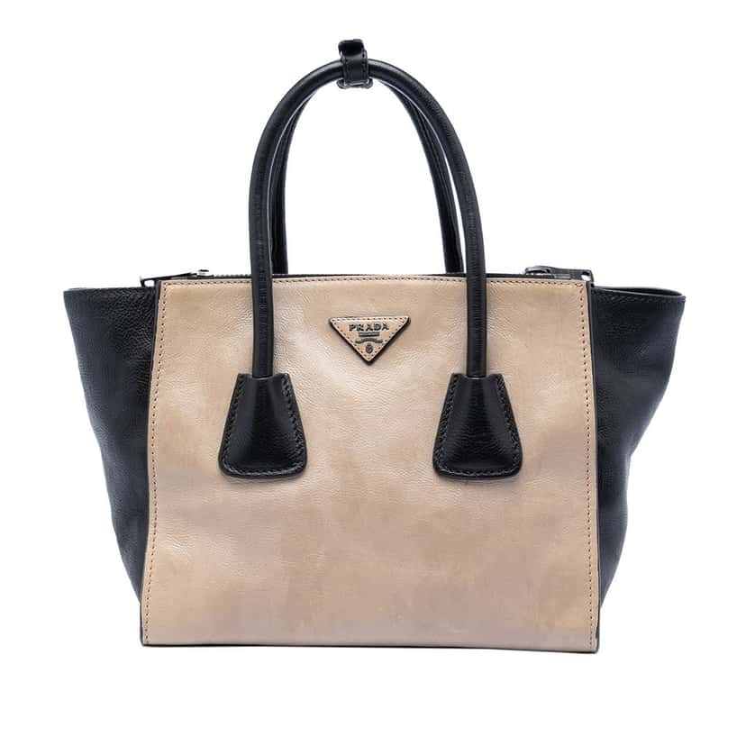Prada Bicolor Glace Calf Twin Pocket Double Handle Satchel Beige Leather Very good condition - Front View
