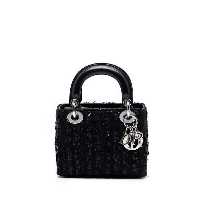 Dior Mini Tweed and Sequin Embellished Lady Dior Black Very good condition - Front View