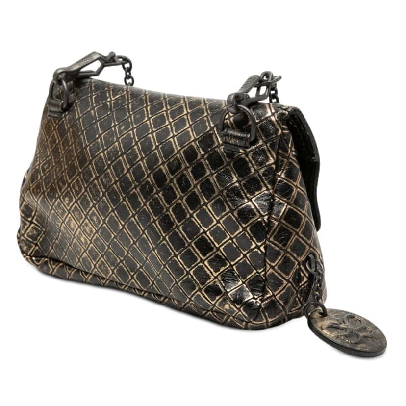 Bottega Veneta Metallic Calfskin Intrecciomirage Chain Flap Crossbody Gold Leather Very good condition - Back View