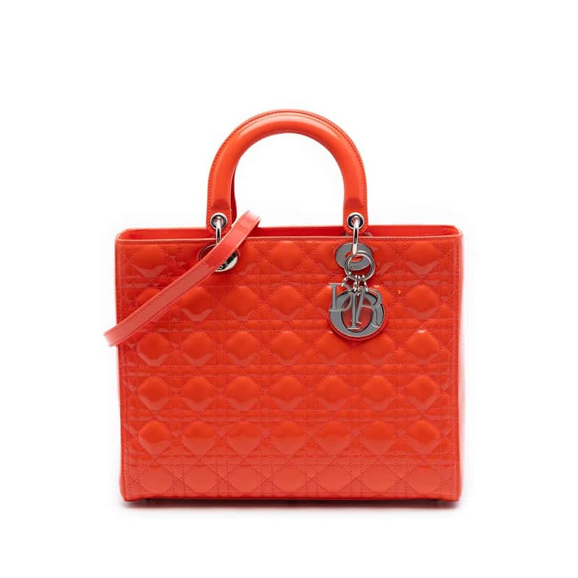 Dior Large Patent Cannage Lady Dior Orange Leather Very good condition - Front View