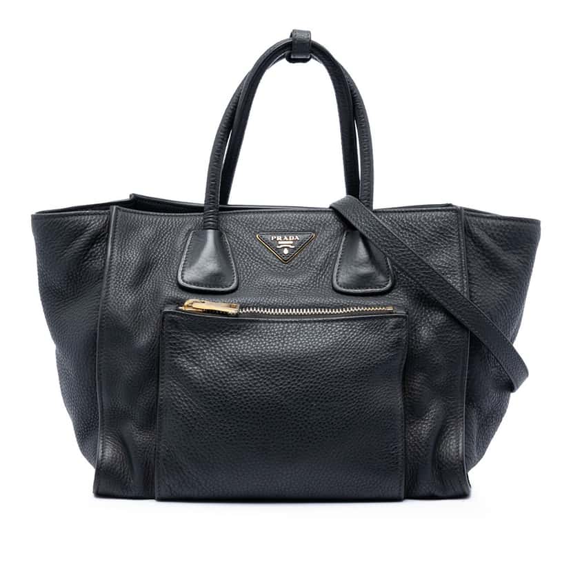Prada Vitello Daino Front Pocket Open Convertible Tote Black Leather Very good condition - Front View