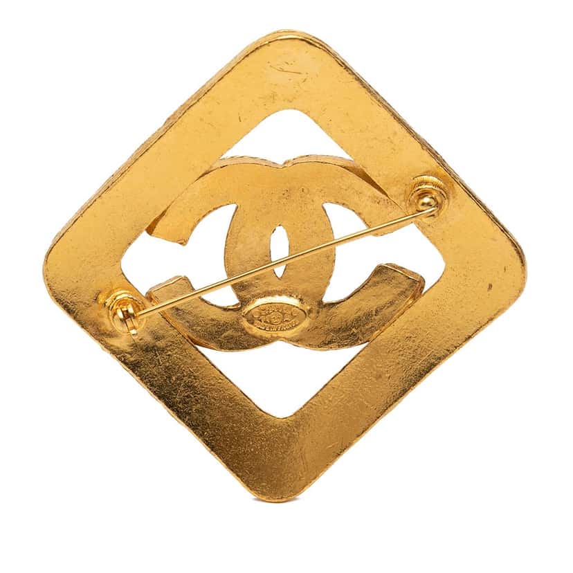 Chanel CC Gold Plated Rhombus Diamond Brooch Gold Metal Very good condition - Back View