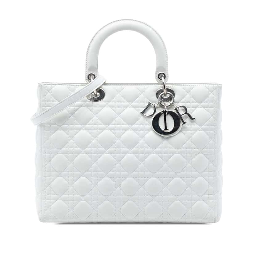 Dior Large Lambskin Cannage Lady Dior White Leather Very good condition - Front View