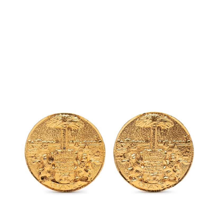 Chanel Gold Plated Crest Round Clip On Earrings Gold Metal Very good condition - Front View