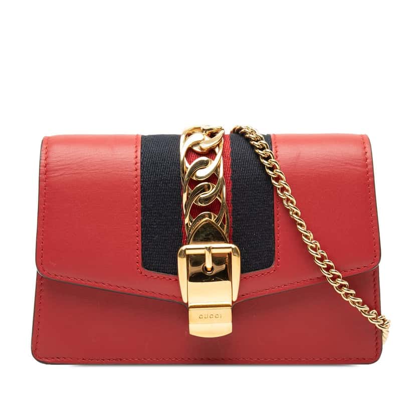 Gucci Super Mini Calfskin Sylvie Chain Crossbody Red Leather Very good condition - Front View