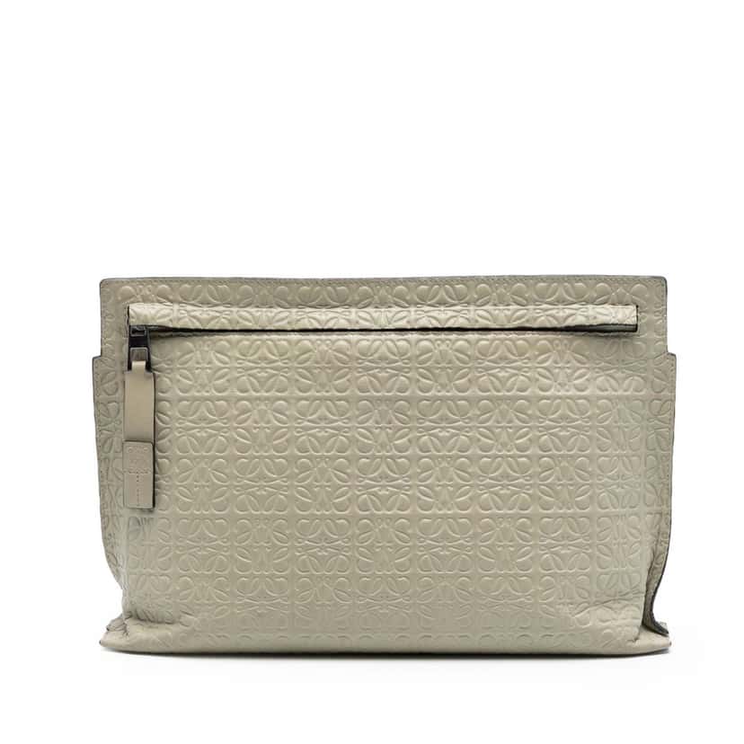 LOEWE Embossed Leather Anagram Repeat T Clutch Beige Leather Very good condition - Front View