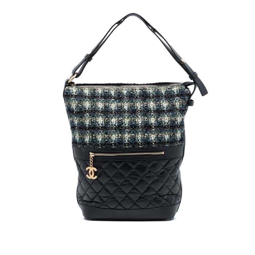 Chanel Quilted Aged Calfskin and Tweed Casual Style Hobo Black Leather Very good condition - Front View