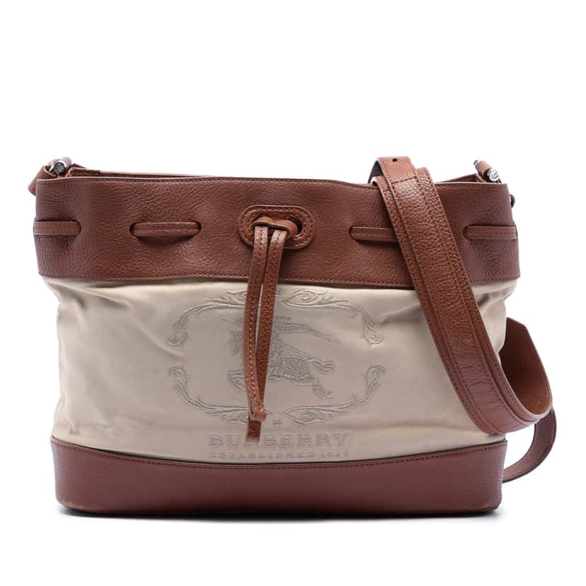 Burberry Leather Trimmed Canvas Drawstring Bucket Bag Brown Very good condition - Front View