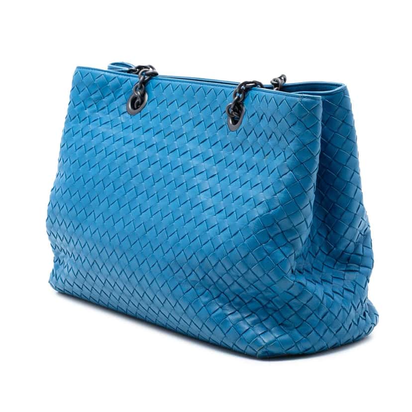 Bottega Veneta Medium Nappa Intrecciato Double Chain Tote Blue Leather Very good condition - Back View