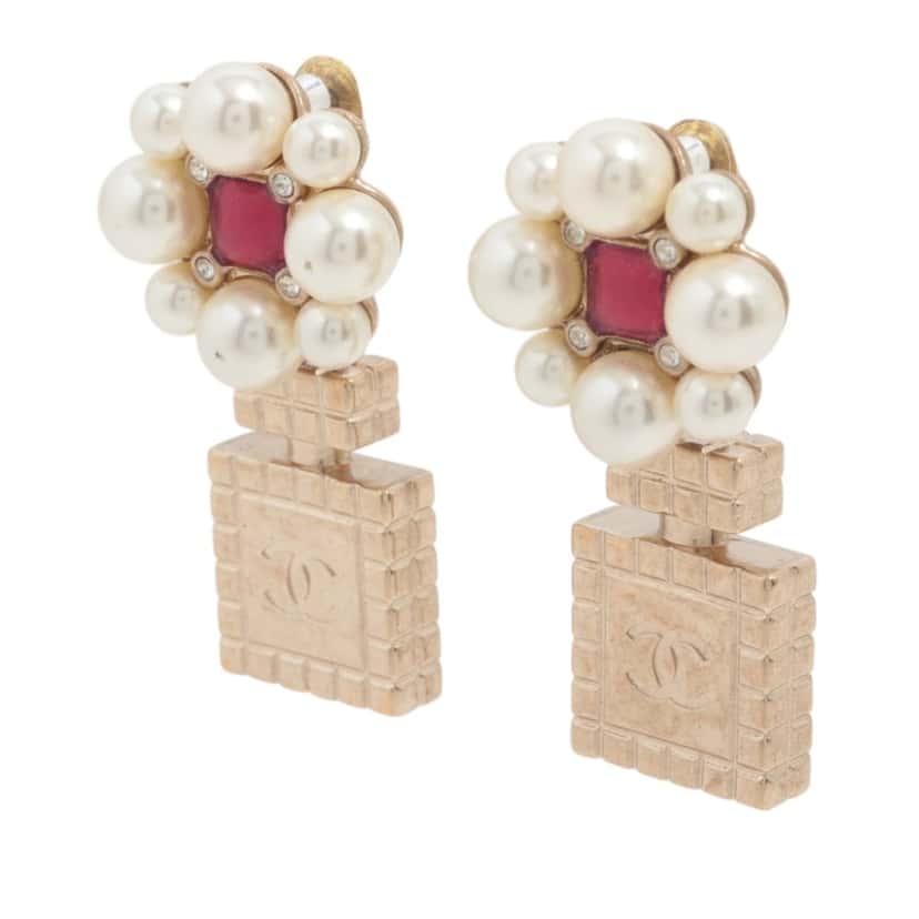 Chanel CC Gold Plated Faux Pearl Strass Push Back Earrings Gold Metal Very good condition - Back View