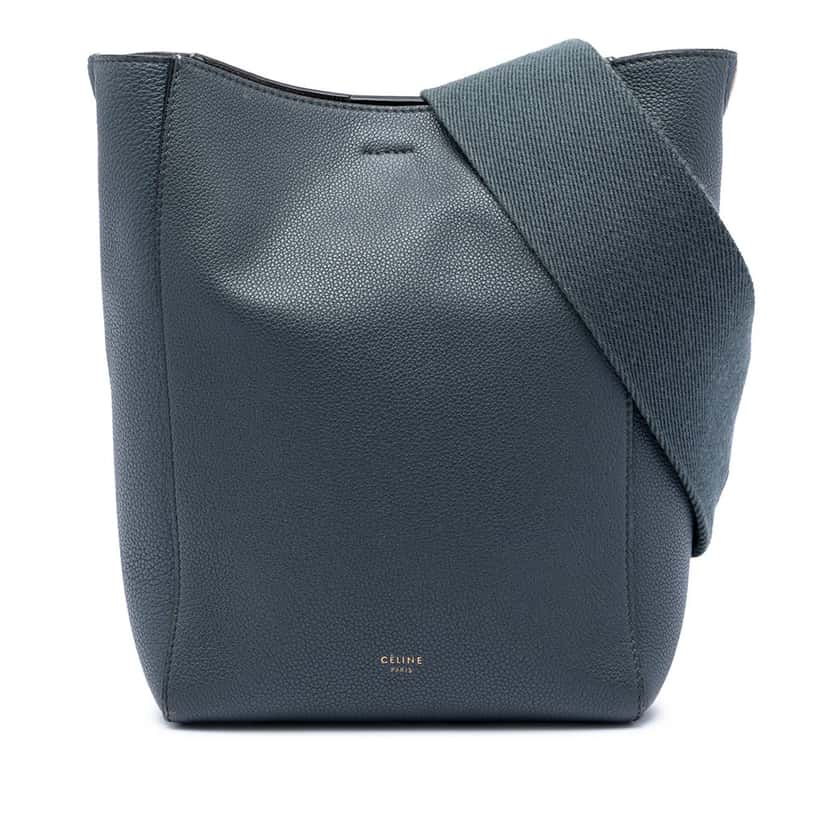 Celine Small Soft Grained Calfskin Seau Sangle Bucket Bag Blue Leather Very good condition - Front View