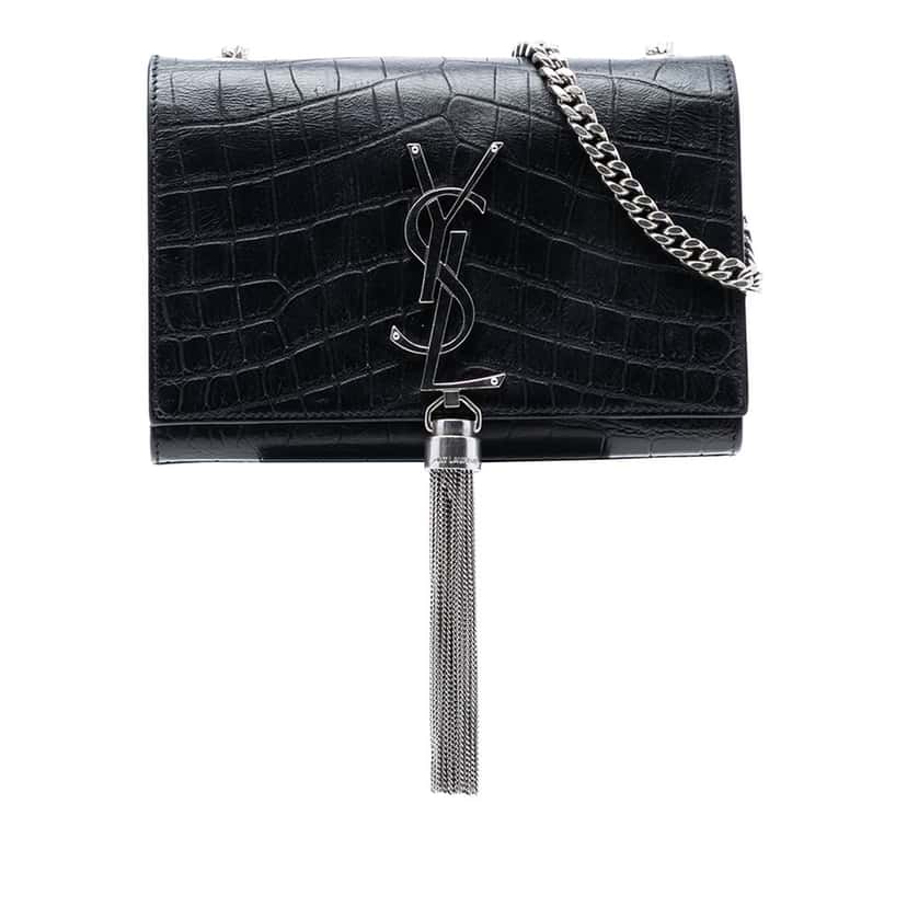 Saint Laurent Small Croc Embossed Leather Monogram Kate Tassel Crossbody Black Leather Very good condition - Front View