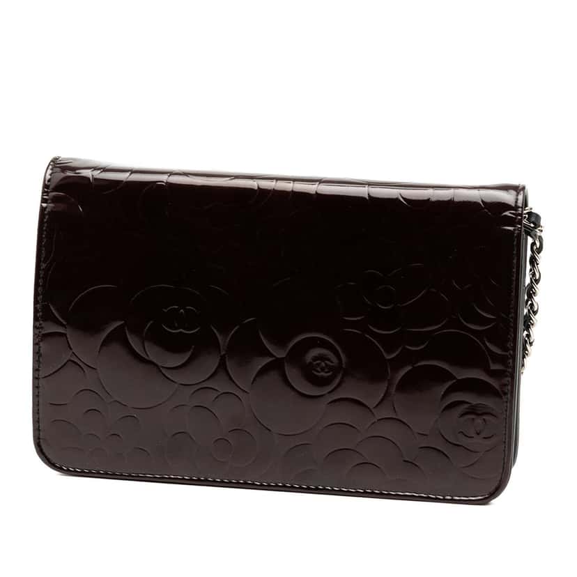 Chanel CC Embossed Patent Camellia Wallet On Chain Brown Leather Very good condition - Back View