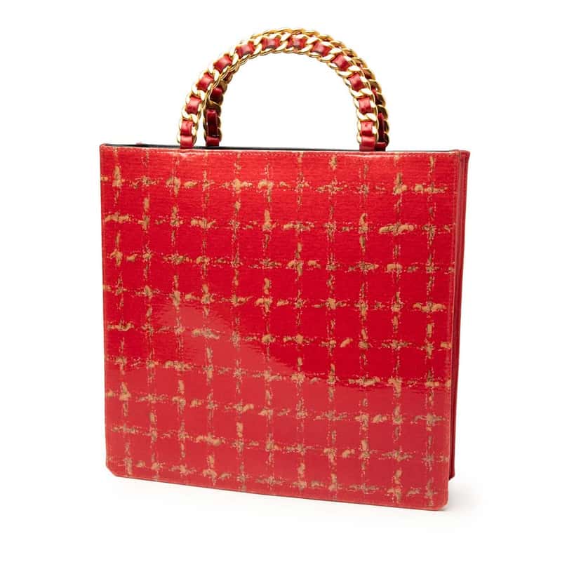 Chanel Chocolate Bar Patent Tweed Print Tote Red Leather Very good condition - Back View