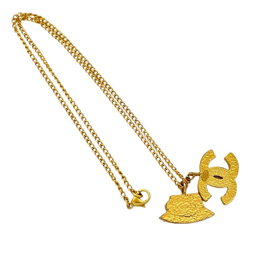 Chanel Gold Plated Rhinestone CC and Camellia Hat Pendant Necklace Gold Metal Very good condition - Back View