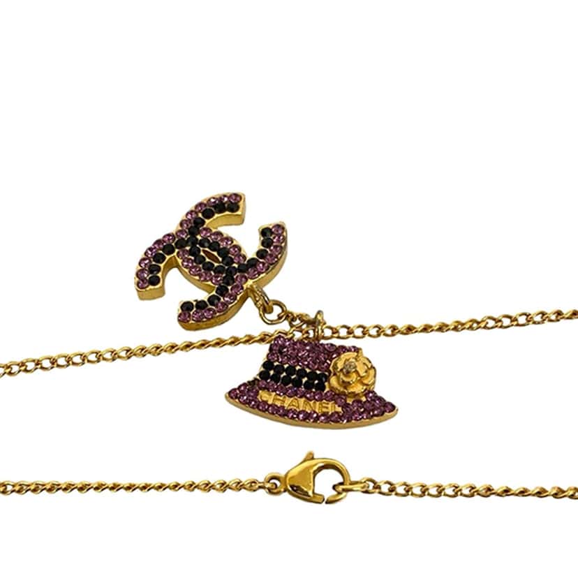 Chanel Gold Plated Rhinestone CC and Camellia Hat Pendant Necklace Gold Metal Very good condition - Model View