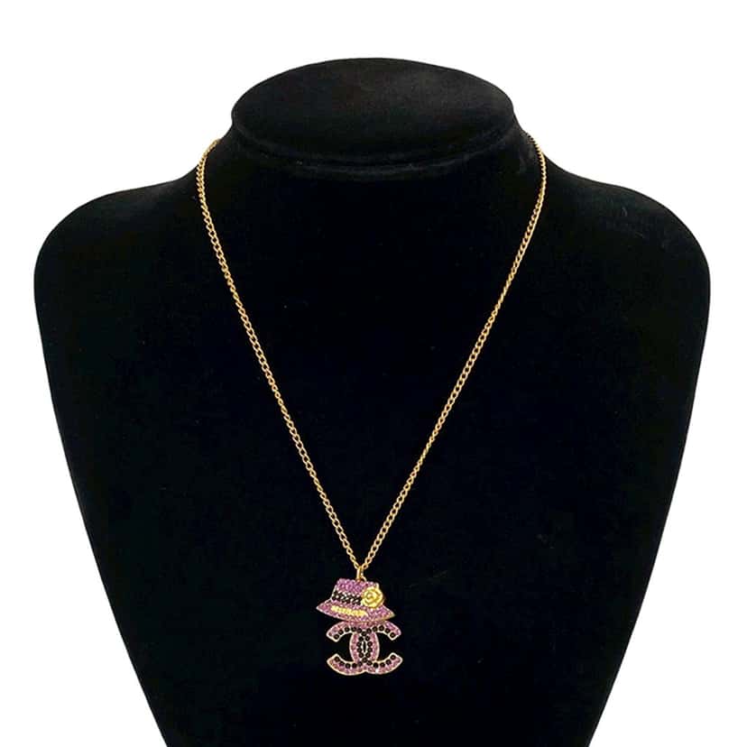 Chanel Gold Plated Rhinestone CC and Camellia Hat Pendant Necklace Gold Metal Very good condition - Box View