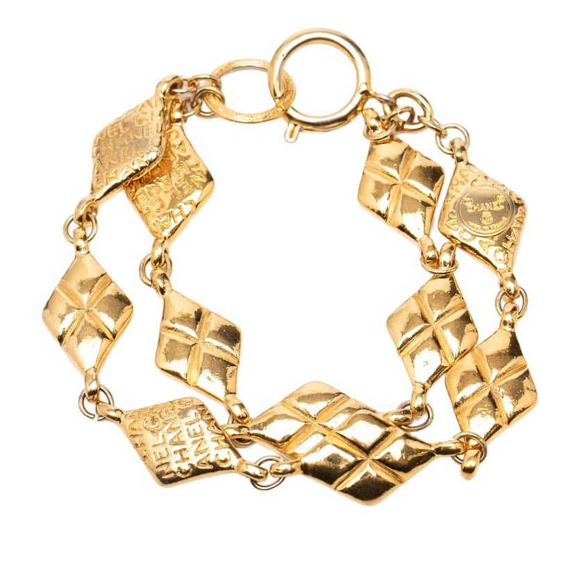 Chanel Gold Plated Quilted Diamond Shape Double Chain Bracelet Gold Metal Very good condition - Front View