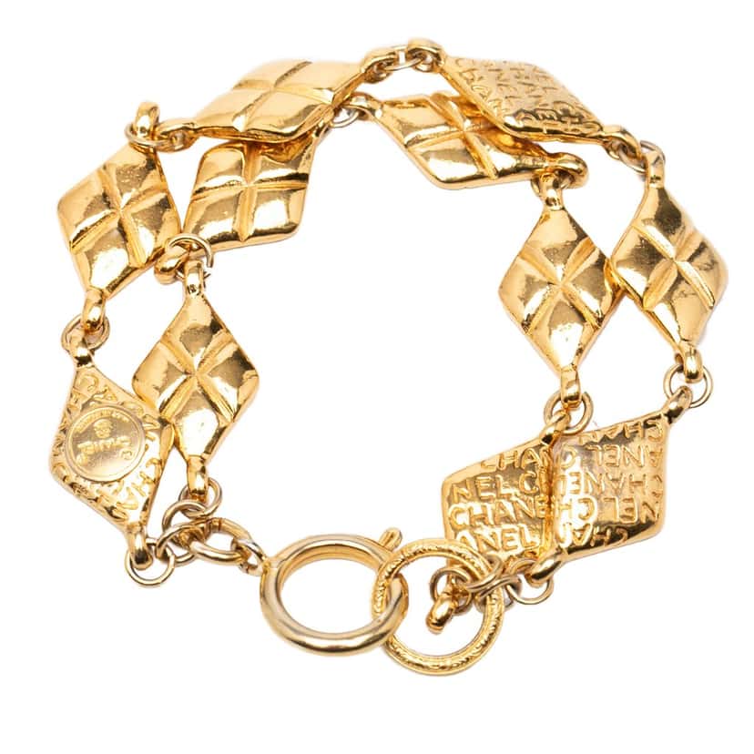 Chanel Gold Plated Quilted Diamond Shape Double Chain Bracelet Gold Metal Very good condition - Inside View