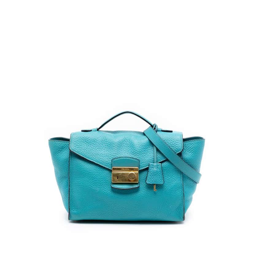 Prada Vitello Daino Sound Lock Satchel Blue Leather Very good condition - Front View