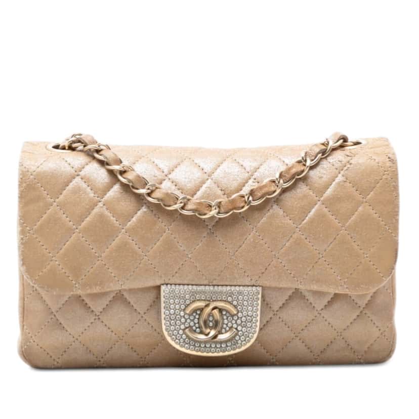 Chanel Small Quilted Iridescent Lambskin Pearl CC Crystal Flap Gold Leather Good condition - Front View