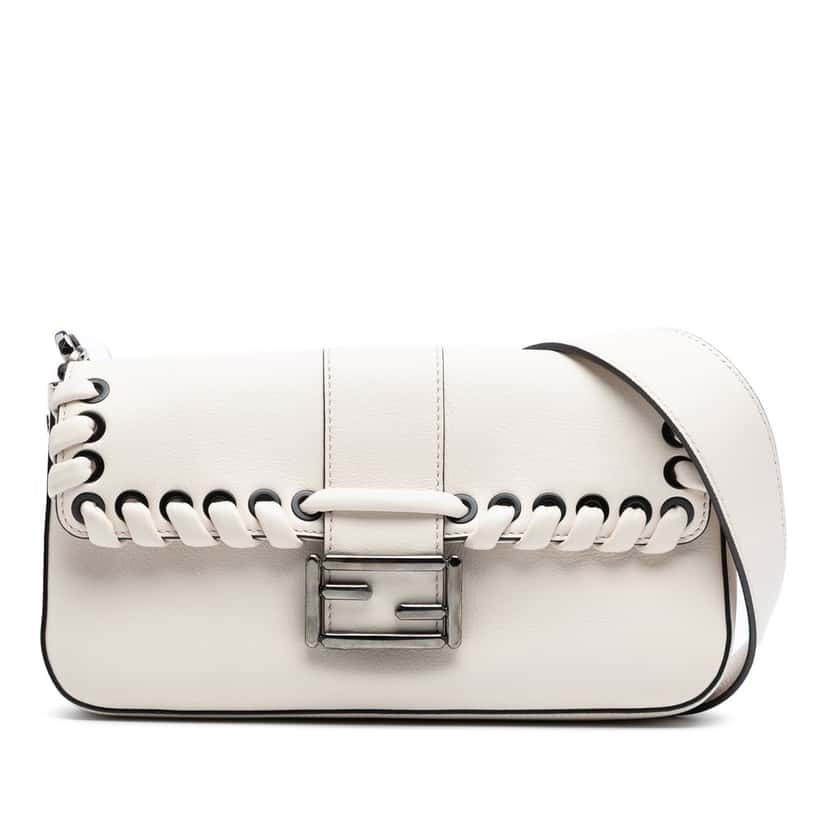 Fendi Whipstitch Leather Baguette Crossbody White Leather Very good condition - Front View