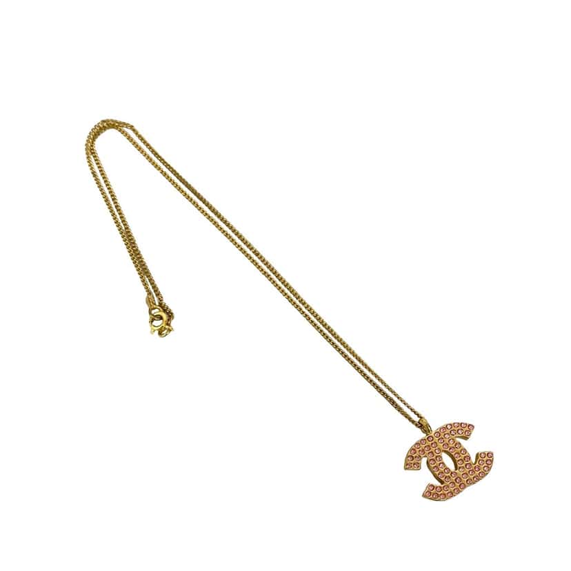 Chanel CC Gold Plated Rhinestone Pendant Necklace Gold Metal Very good condition - Front View