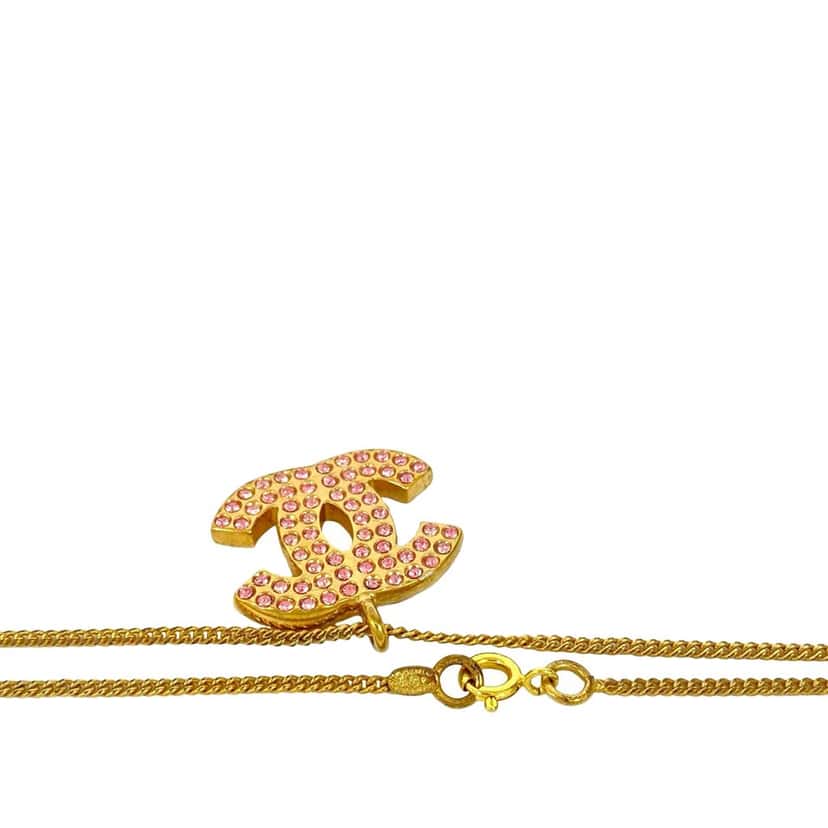 Chanel CC Gold Plated Rhinestone Pendant Necklace Gold Metal Very good condition - Back View