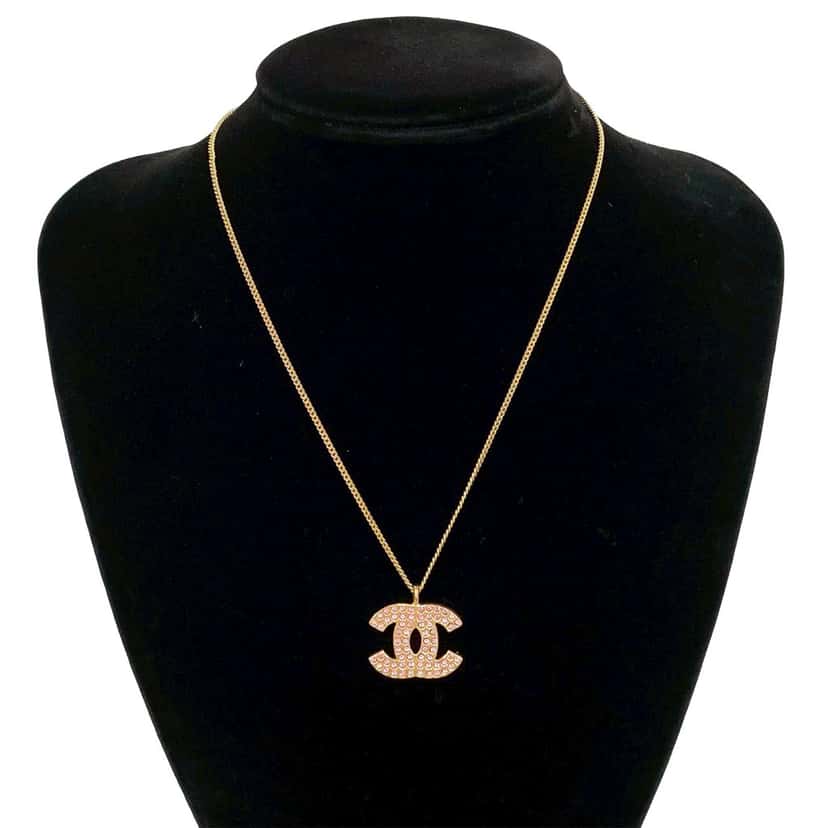 Chanel CC Gold Plated Rhinestone Pendant Necklace Gold Metal Very good condition - Box View