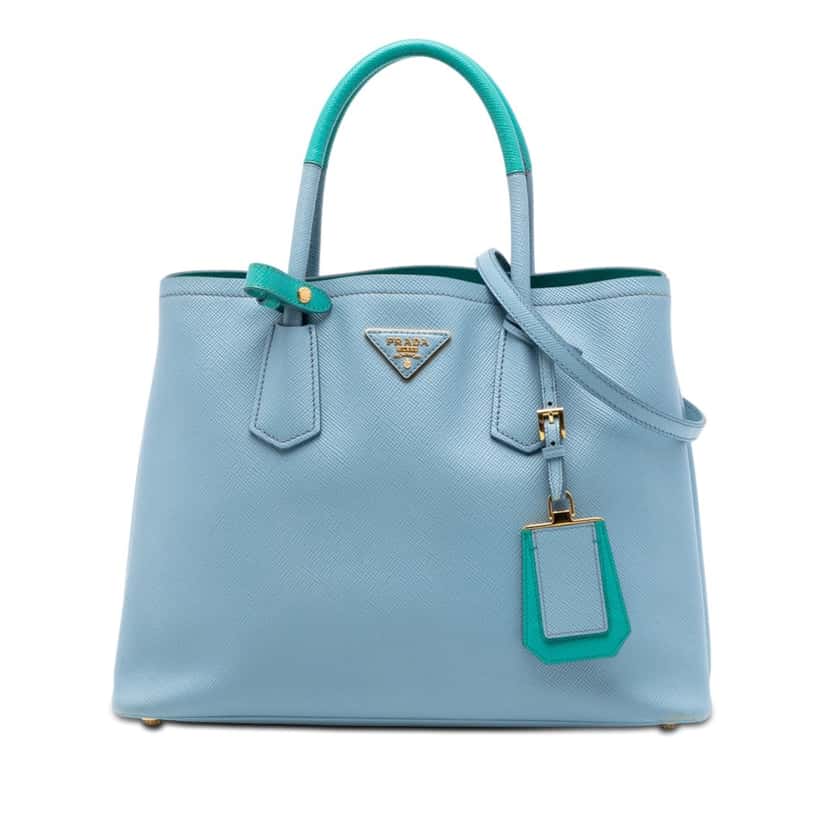 Prada Medium Bicolor Saffiano Cuir Double Satchel Blue Leather Very good condition - Front View
