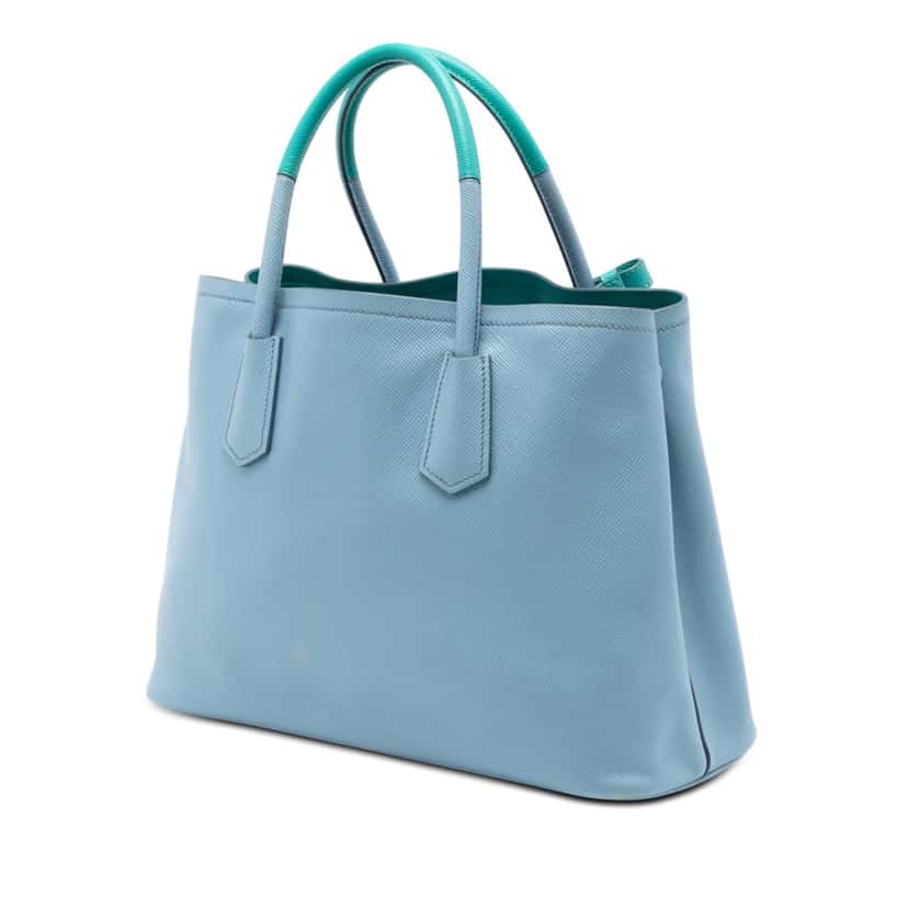 Prada Medium Bicolor Saffiano Cuir Double Satchel Blue Leather Very good condition - Back View