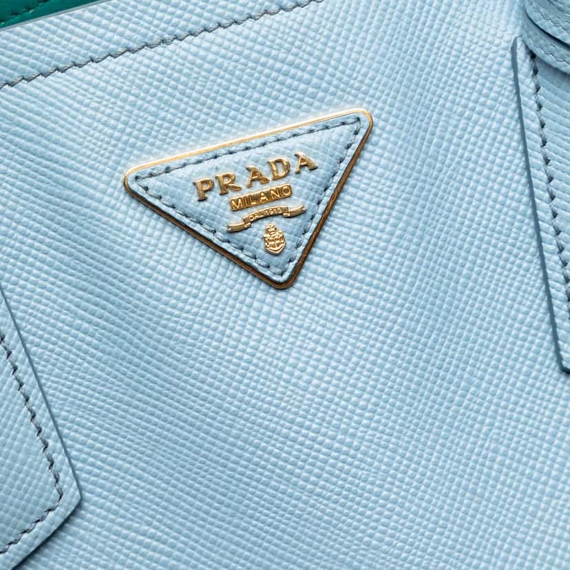 Prada Medium Bicolor Saffiano Cuir Double Satchel Blue Leather Very good condition - Box View