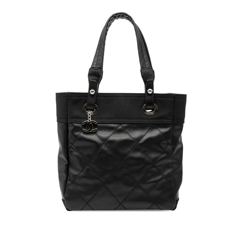 Chanel Small Quilted Coated Canvas Paris Biarritz Tote Black Very good condition - Front View