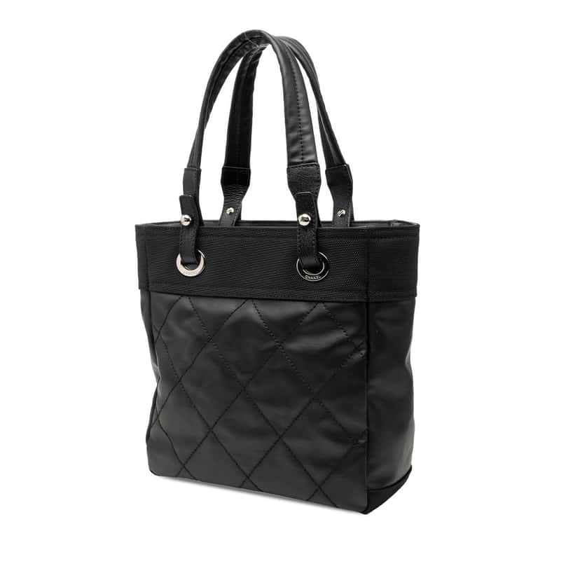 Chanel Small Quilted Coated Canvas Paris Biarritz Tote Black Very good condition - Back View