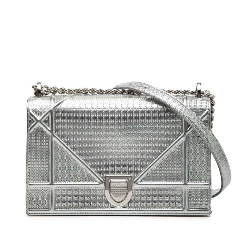 Dior Medium Metallic Patent Microcannage Diorama Flap Silver Leather Good condition - Front View