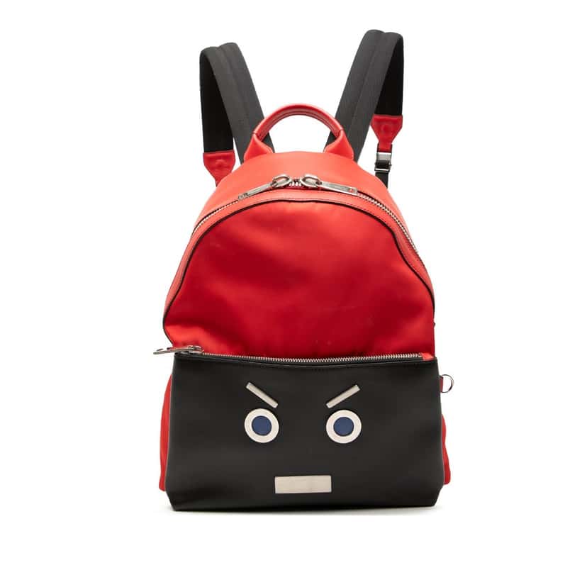 Fendi Nylon and Leather Faces Backpack Red Very good condition - Front View