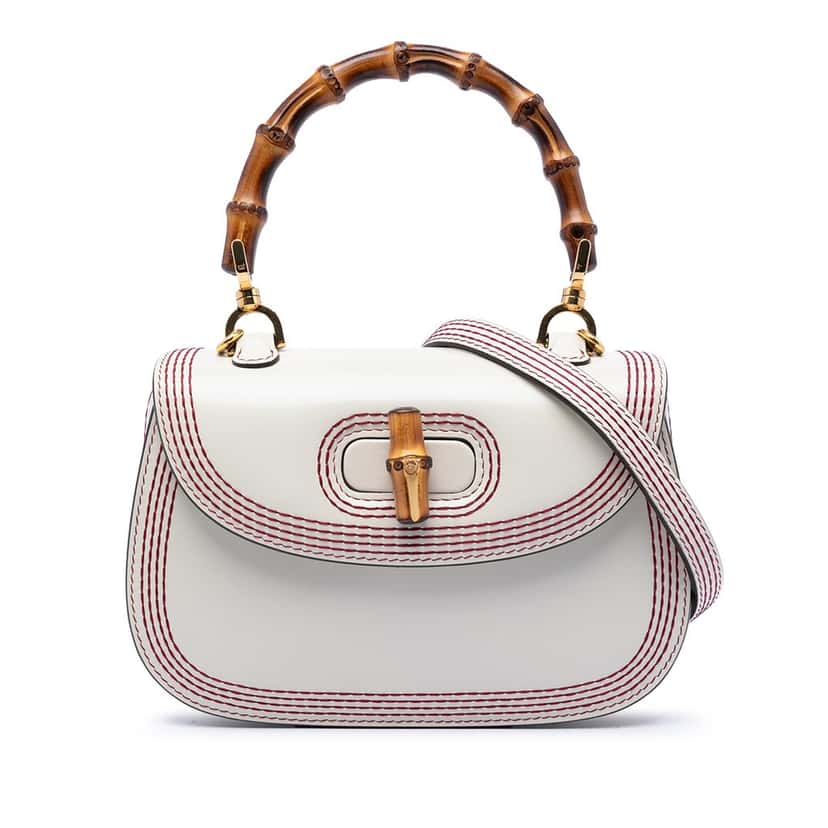 Gucci Small Calfskin Stitched Bamboo 1947 Top Handle Bag White Leather Very good condition - Front View