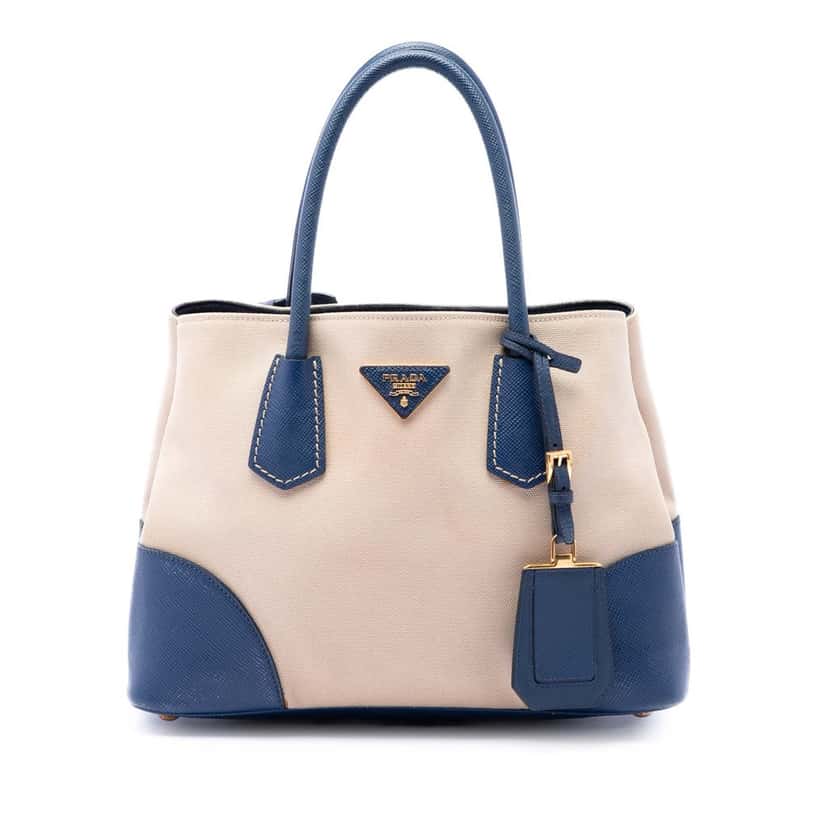 Prada Small Saffiano Cuir Trimmed Canvas Double Satchel Beige Very good condition - Front View