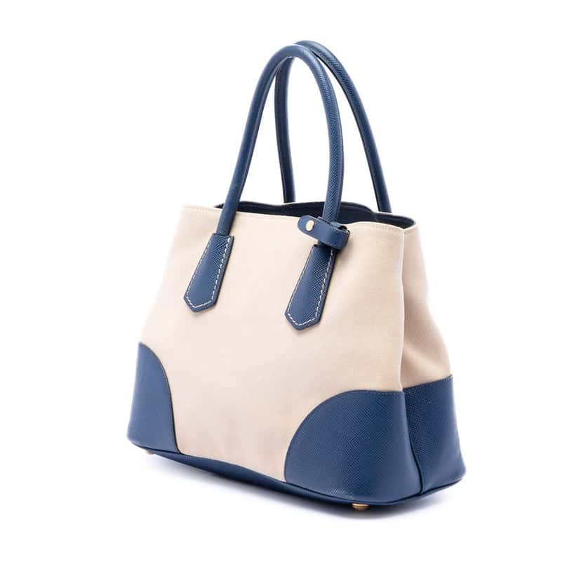Prada Small Saffiano Cuir Trimmed Canvas Double Satchel Beige Very good condition - Back View