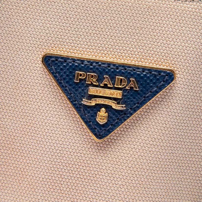 Prada Small Saffiano Cuir Trimmed Canvas Double Satchel Beige Very good condition - Box View