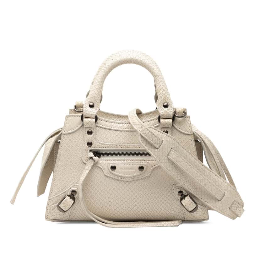 Balenciaga Mini Python Embossed Calfskin Neo Classic City Satchel White Leather Very good condition - Front View